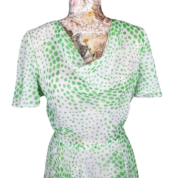 Vintage Jack Bryan Sheer Fun Flirty Flowy Green Polka Dot Midi Cowl Neck Dress - Picture 3 of 10